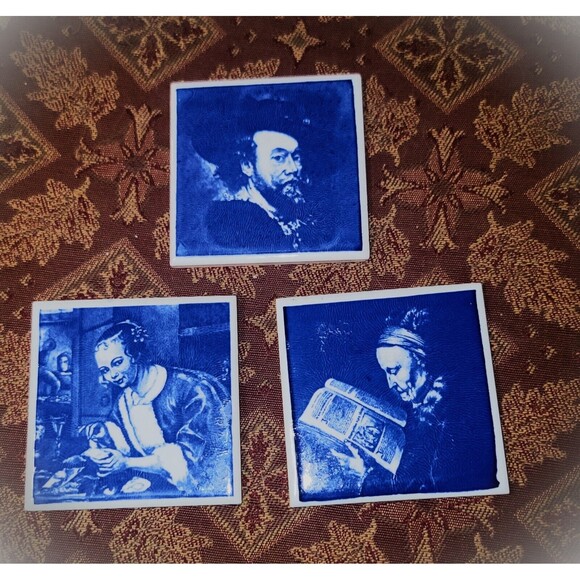 Delft Blue Tiles Three Dutch Master Artists Jan Steen, P. Rubens, Gerrit Dou VTG - Picture 2 of 16